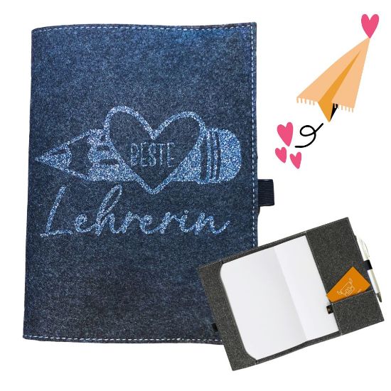 Bild von Notizbuchhülle mit Glitzer-Flexfolie "beste Lehrerin"